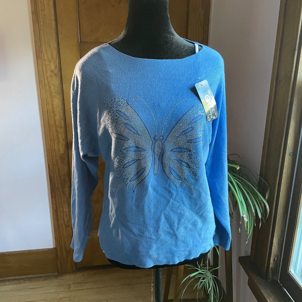NWT Y2K Rhinestone Butterfly Top Blue Viscose Knit Long Sleeve Coquette Mallcore - Picture 3 of 8